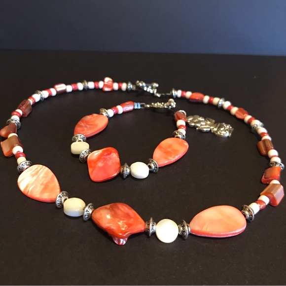 New Handmade Child’s Jewelry Set- Necklace, Bracelet & Earrings, Coral / Ivory - Picture 2 of 7